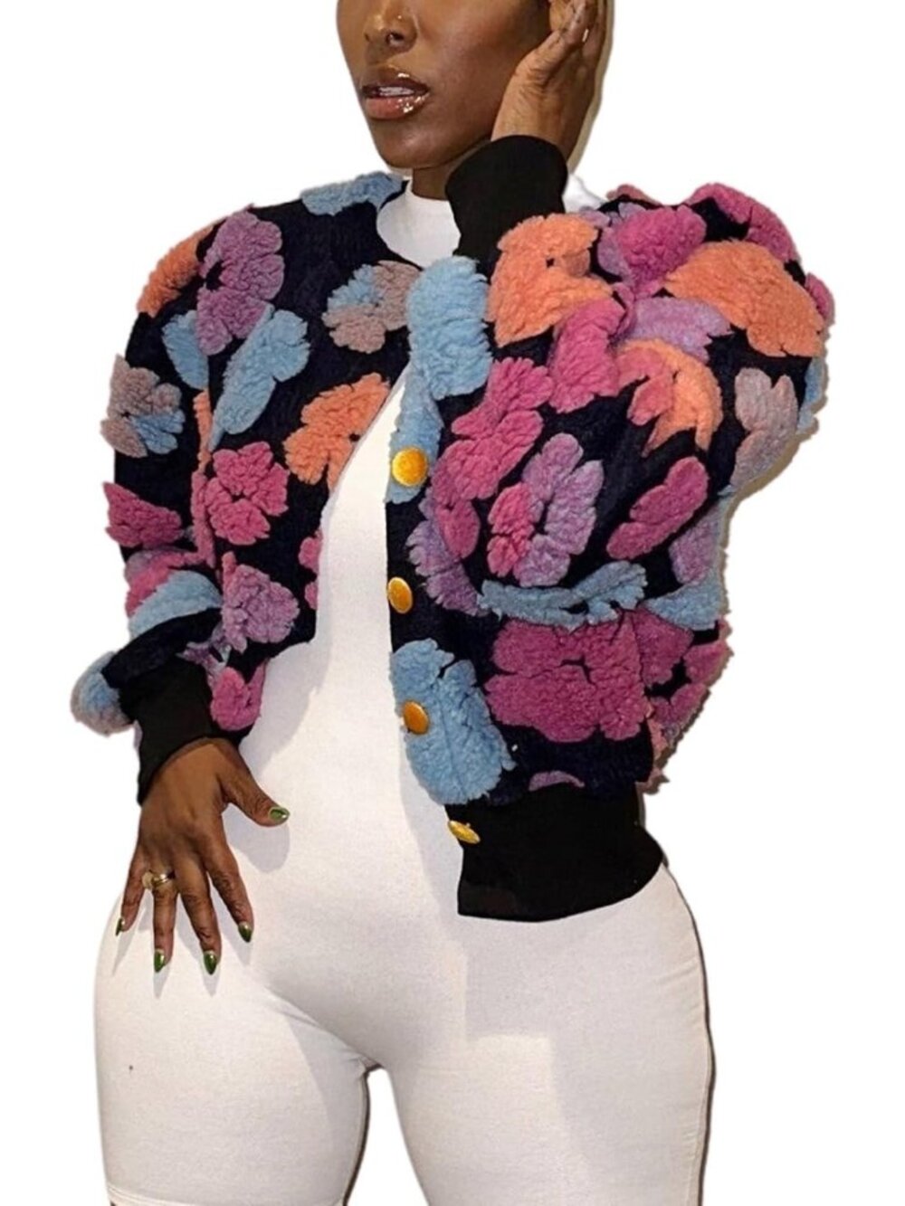 Cropped Floral Print Fleece Bomber Jacket - Casual Button Down Fall Outerwear